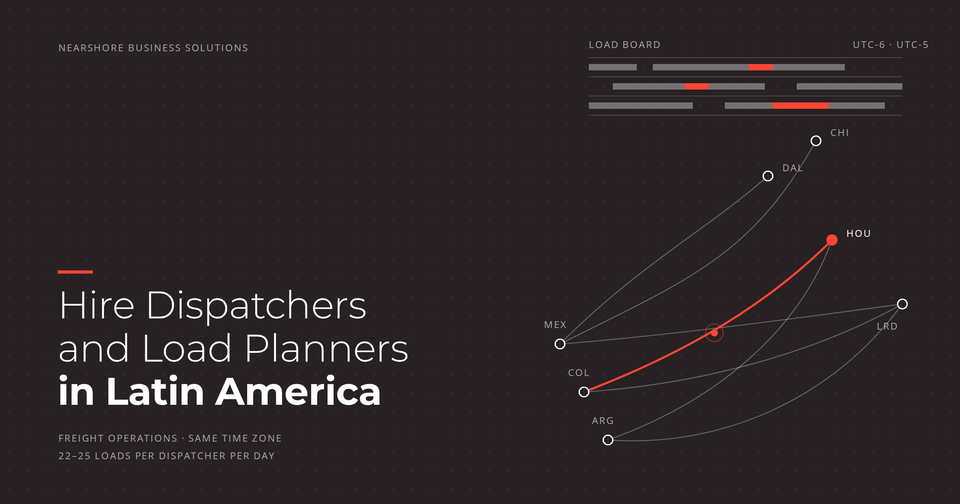 Dispatch board showing freight lanes from Mexico, Colombia and Argentina to US hubs, titled Hire Dispatchers and Load Planners in Latin America